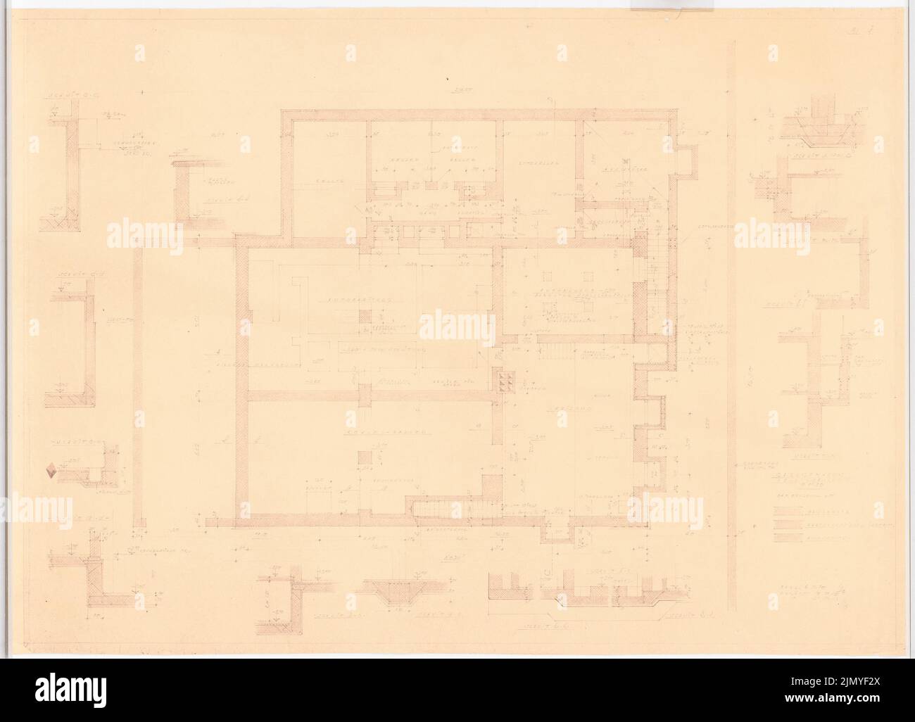 Böhmer Franz (1907-1943), appartamento ufficiale del ministro degli Esteri del Reich Joachim von Ribbentrop a Berlino-Mitte (06.09.1940): Garage in giardino: Pianta e sezioni dettagliate KG 1:50. Rottura leggera sulla carta, 65,7 x 91,1 cm (inclusi i bordi di scansione) Foto Stock