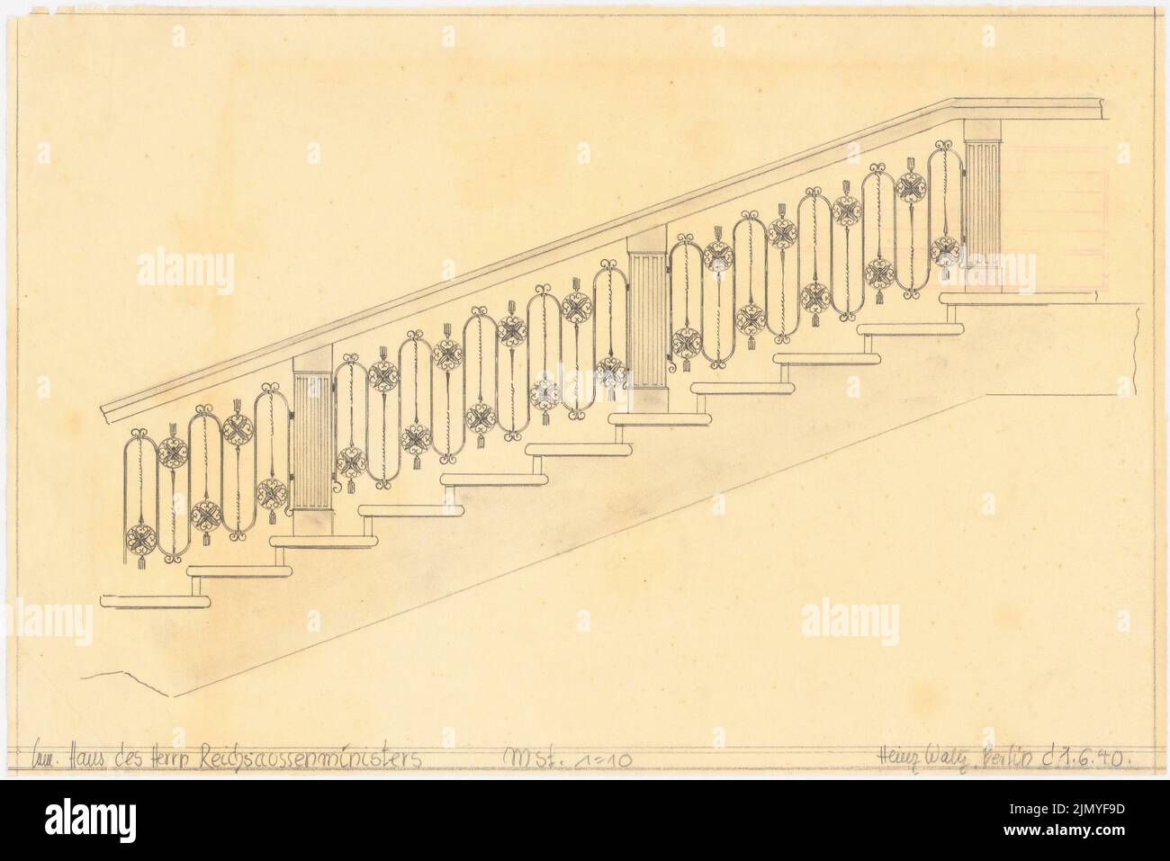 Böhmer Franz (1907-1943), appartamento ufficiale del ministro degli Esteri del Reich Joachim von Ribbentrop a Berlino-Mitte (1st giugno 1941): Ringhiere a scalone 1:10. Matita su trasparente, 34,9 x 52,3 cm (inclusi i bordi di scansione) Foto Stock
