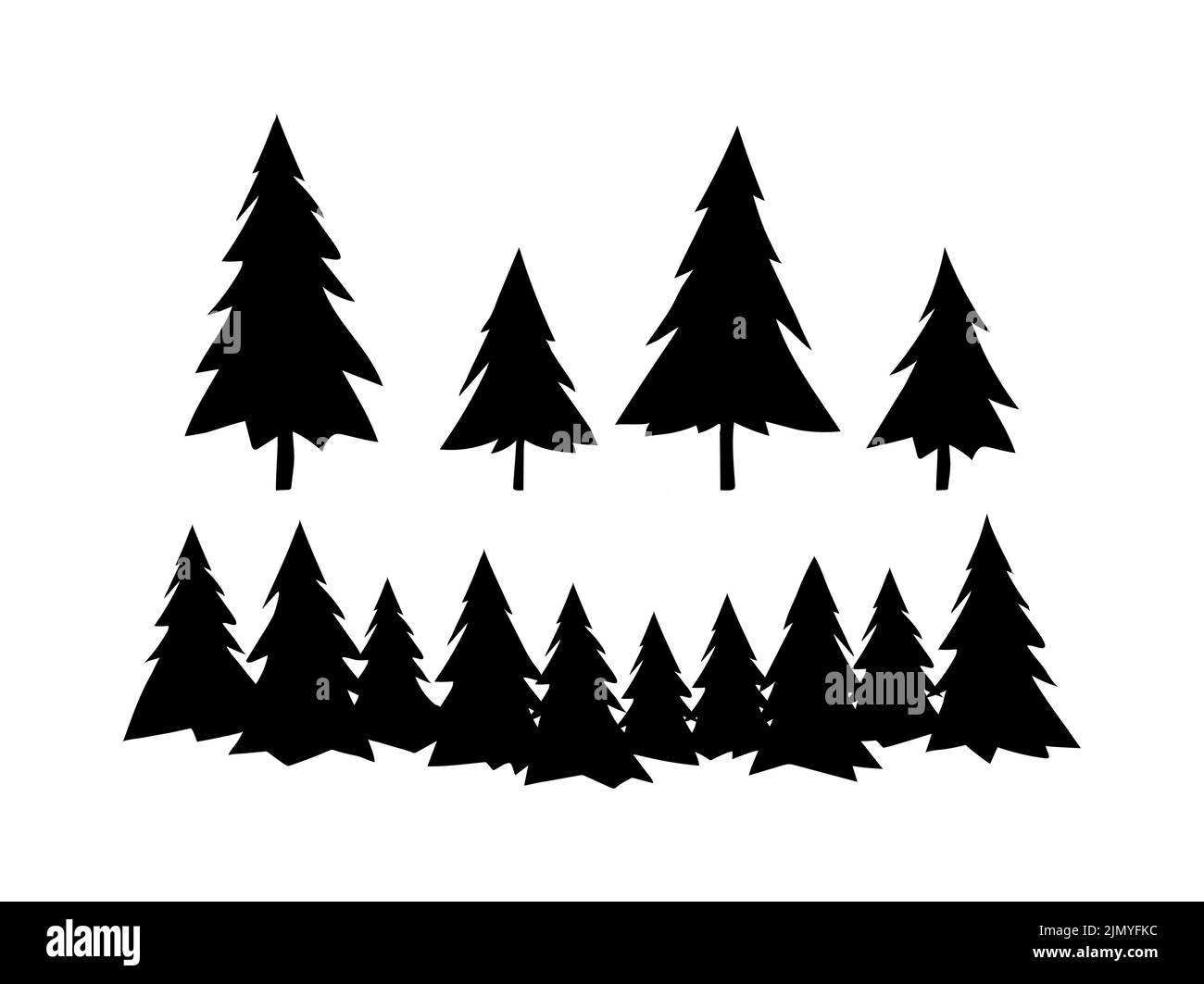 Set Larice o abete rosso silhouette, albero sempreverde, silhouette nera isolata su sfondo bianco. Semplice vettore, disegno cartoon piatto. Clip-art di Natale Illustrazione Vettoriale