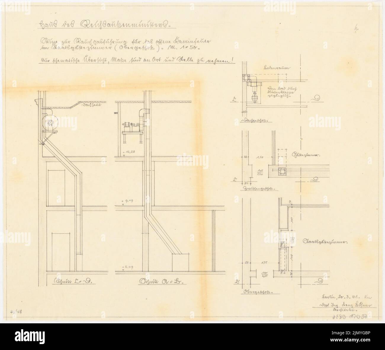 Böhmer Franz (1907-1943), appartamento ufficiale del ministro degli Esteri Reich Joachim von Ribbentrop a Berlino-Mitte (20.03.1941): Schizzo per la gestione del fumo per il camino aperto nella sala degli ospiti dello Stato al piano superiore: Tagli 1:50. Matita su trasparente, 40,2 x 47,9 cm (inclusi i bordi di scansione) Foto Stock