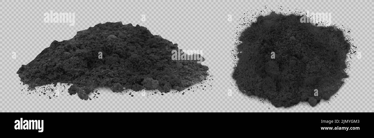 Cumulo di terra nera, sporco o humus tumulo di fronte e vista dall'alto isolato su sfondo trasparente. Illustrazione realistica vettoriale di cumuli di suolo organico, topsoil o torba Illustrazione Vettoriale