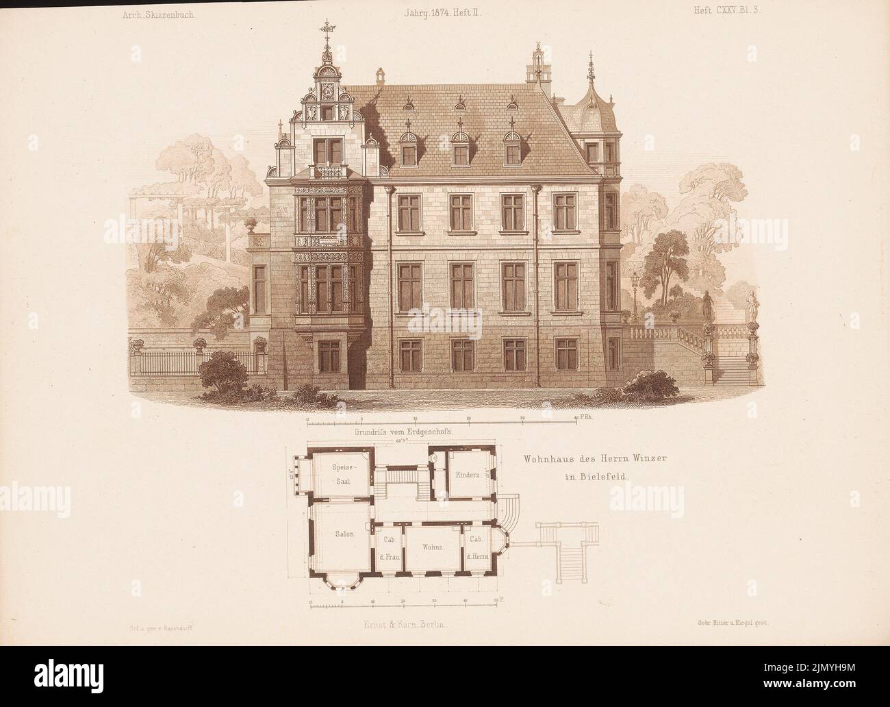 Raschdorff Julius (1823-1914), edificio residenziale di Winzer, Bielefeld. (Da: Architectural sketchbook, H. 125/2, 1874.) (1874-1874): Grundriss, view. Cucitura su carta, 25,1 x 34,7 cm (inclusi i bordi di scansione) Foto Stock