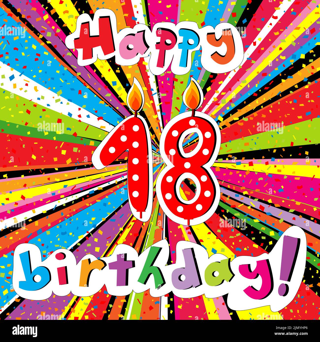 Biglietto di auguri per buon compleanno con candela numero 18 e confetti su sfondo sunburst colorato Illustrazione Vettoriale