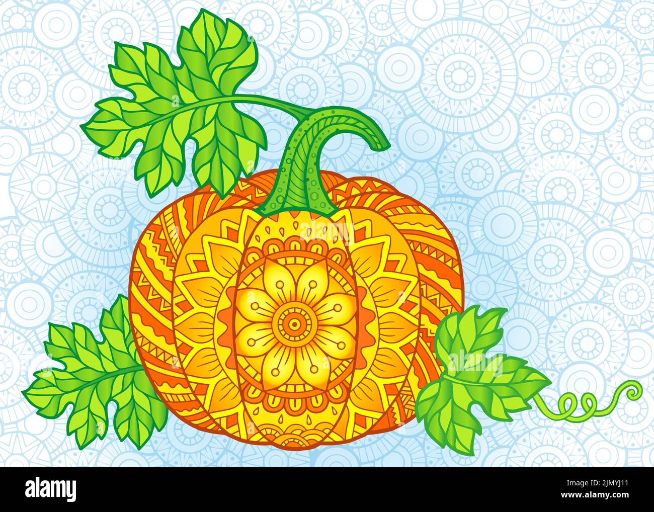 Illustrazione vettoriale. Zucche luminose di Halloween in stile mandala con motivi dettagliati Illustrazione Vettoriale