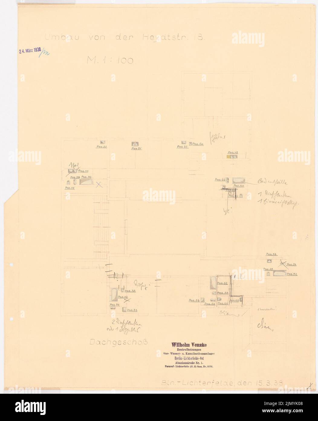 Böhmer Franz (1907-1943), Villa von der Heydt a Berlino-Tiergarten. Conversione (15 marzo 1938): Grundriss attico con disegno delle strutture sanitarie 1: 100. Matita, matita colorata su rottura leggera su carta, 57,7 x 46,7 cm (inclusi i bordi di scansione) Foto Stock