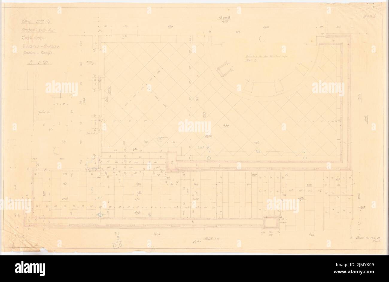 Böhmer Franz (1907-1943), Villa von der Heydt a Berlino-Tiergarten. Conversione (29 giugno 1938): Terrazza: Pianta 1:20. Matita, matita colorata sopra una rottura su carta, 77 x 117,2 cm (inclusi i bordi di scansione) Foto Stock