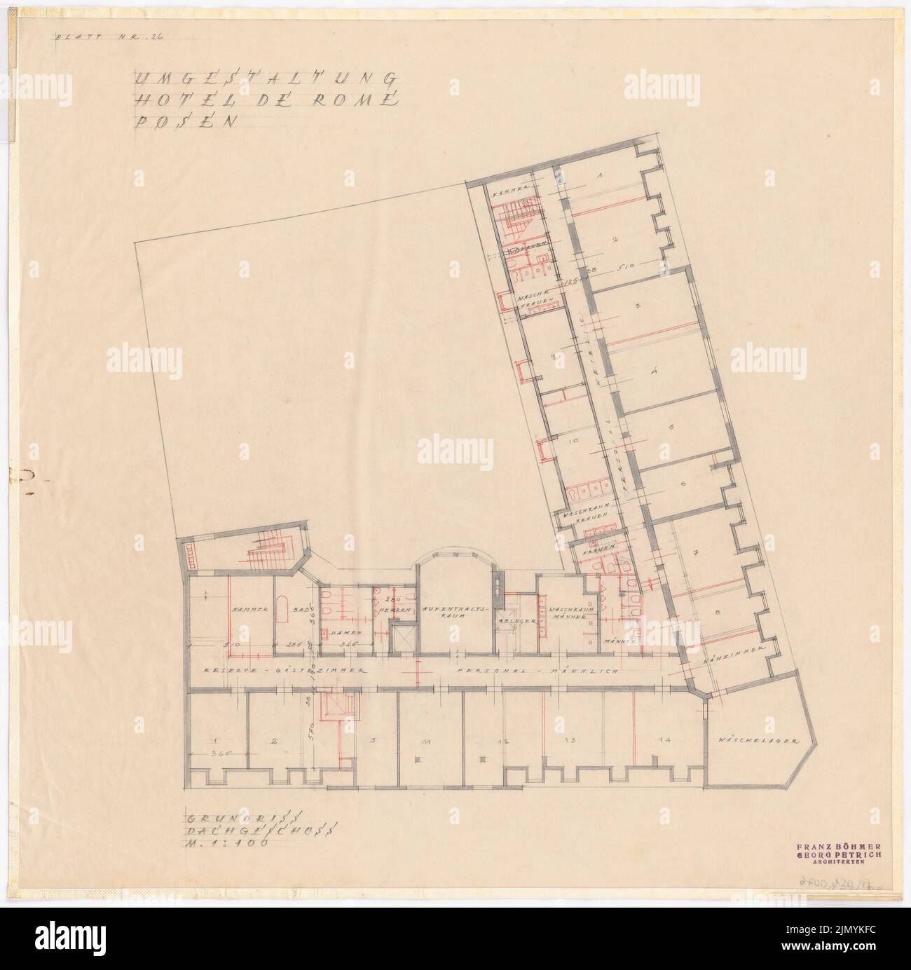 Böhmer Franz (1907-1943), Park Hotel a Poznan (12.03.1940): Pianta del piano ultimo piano 1: 100. Matita colorata su trasparente, 57,9 x 58,1 cm (inclusi i bordi di scansione) Foto Stock