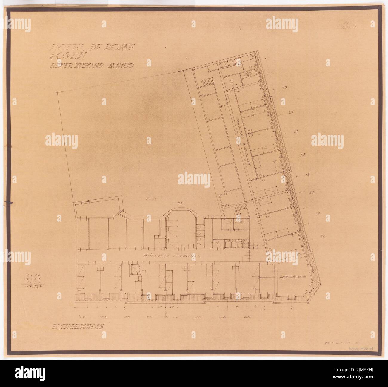 Böhmer Franz (1907-1943), Park Hotel a Poznan (6 aprile 1940): Nuove condizioni: Pianta del piano ultimo piano 1: 100. Rottura della luce su trasparente, 60,3 x 65 cm (inclusi i bordi di scansione) Foto Stock