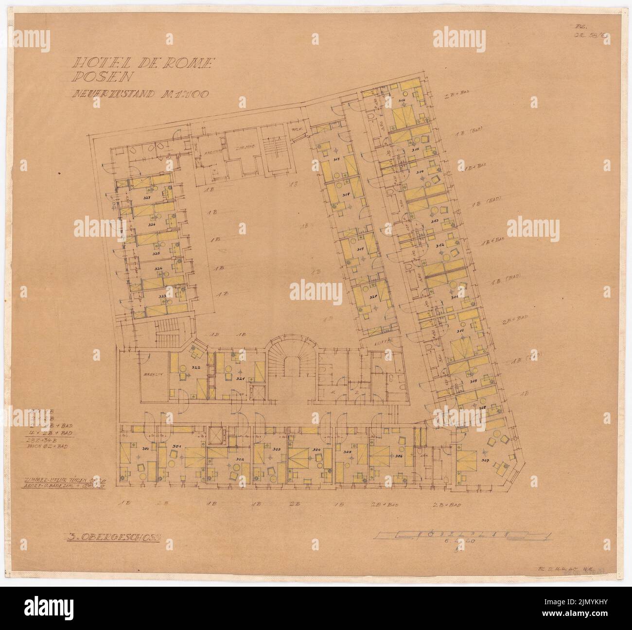 Böhmer Franz (1907-1943), Park Hotel in Pozen (04.04.1940): Nuove condizioni: Pianta 3rd piano con mobili 1: 100. Matita, matita colorata sopra una rottura su trasparente, 58,4 x 62,9 cm (inclusi i bordi di scansione) Foto Stock