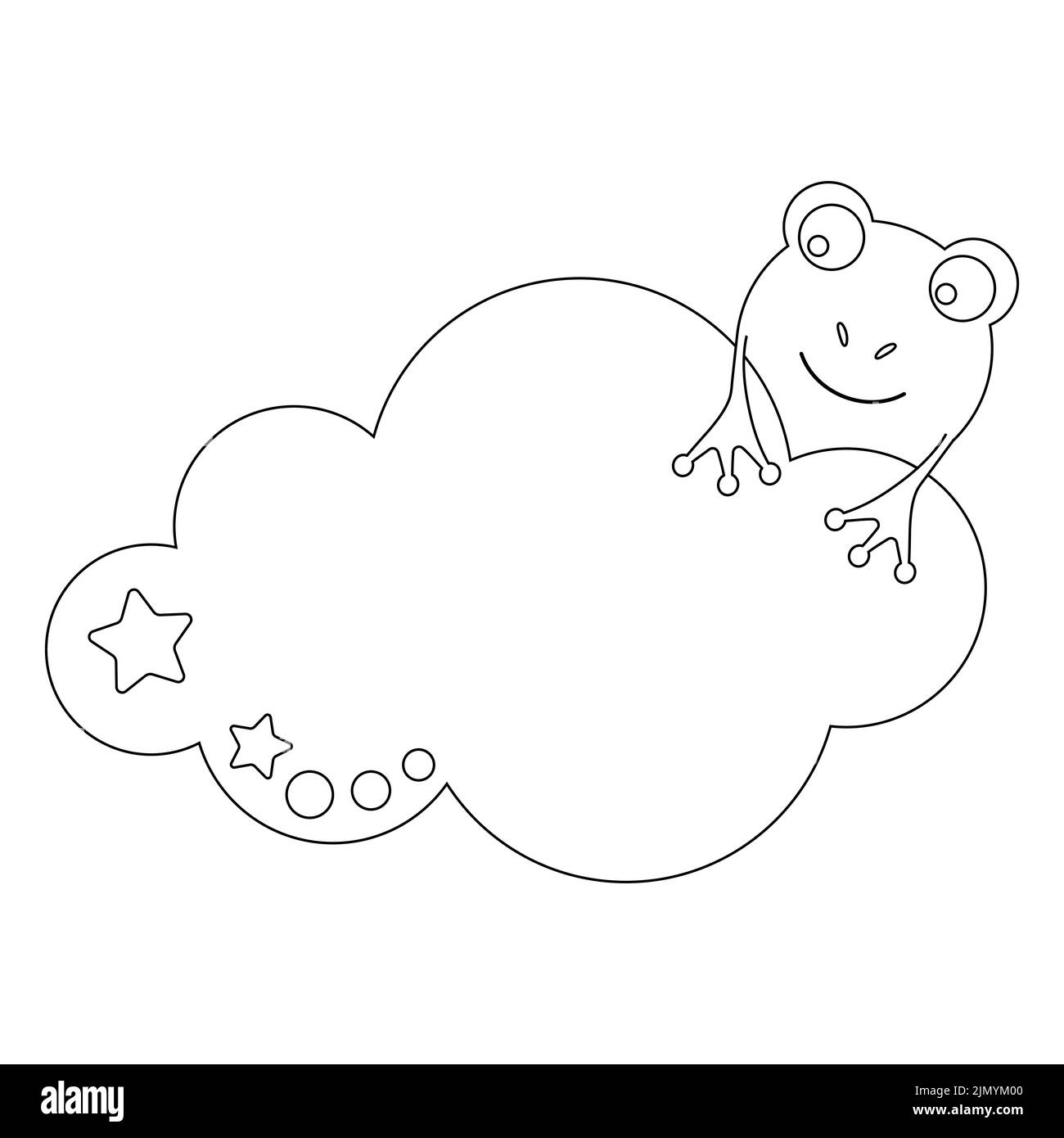 Libro da colorare per bambini. Disegna una carina rana cartoonata che dorme nelle nuvole sulla base del disegno. Vettore isolato su sfondo bianco. Illustrazione Vettoriale