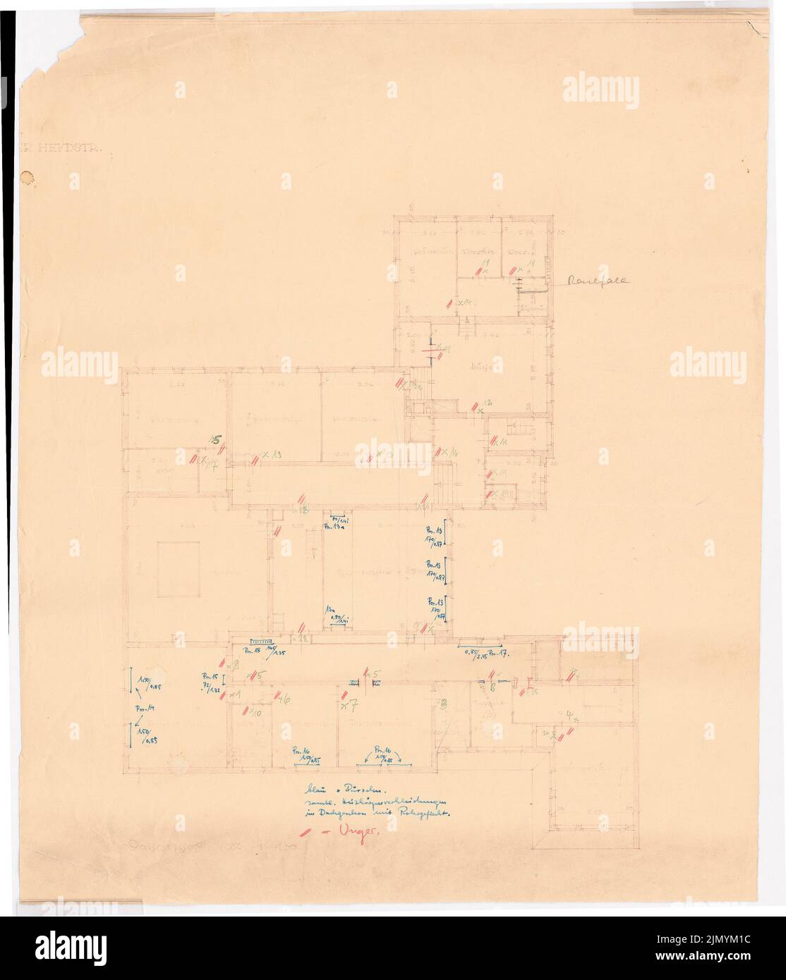 Böhmer Franz (1907-1943), Villa von der Heydt a Berlino-Tiergarten. Conversione (1938-1938): Grundriss attico con l'uso del rivestimento del radiatore 1: 100. Matita colorata, colorata con inchiostro, con rottura sulla carta, 59,3 x 50,9 cm (inclusi i bordi di scansione) Foto Stock