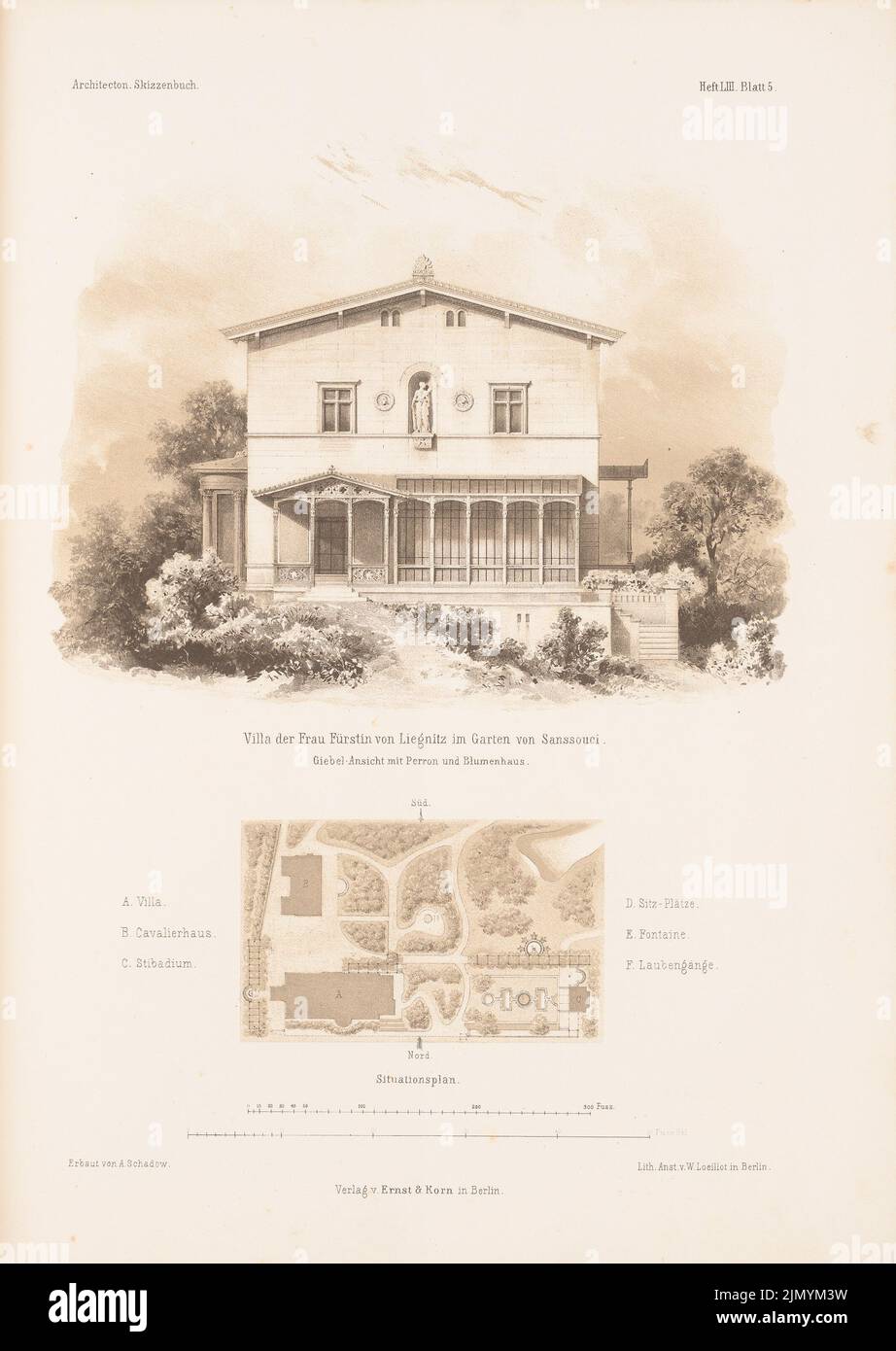 Schadow Albert D. (1797-1869), Villa Liegnitz, Potsdam. (Da: Architectural sketchbook, H. 53/5, 1861.) (1861-1861): pianta del sito, vista dal lato del gable. Litografia colorata su carta, 35 x 24,8 cm (inclusi i bordi di scansione) Foto Stock