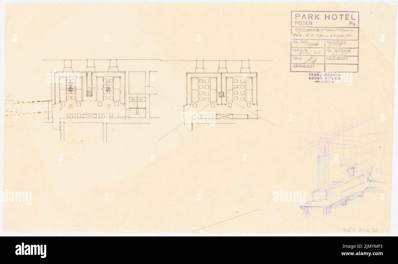 Böhmer Franz (1907-1943), Park Hotel a Pozen (02.12.1940): Spazio Residence per i dipendenti dell'hotel: Piano mobili 1:50. Matita colorata su trasparente, 27,7 x 46,6 cm (inclusi i bordi di scansione) Foto Stock