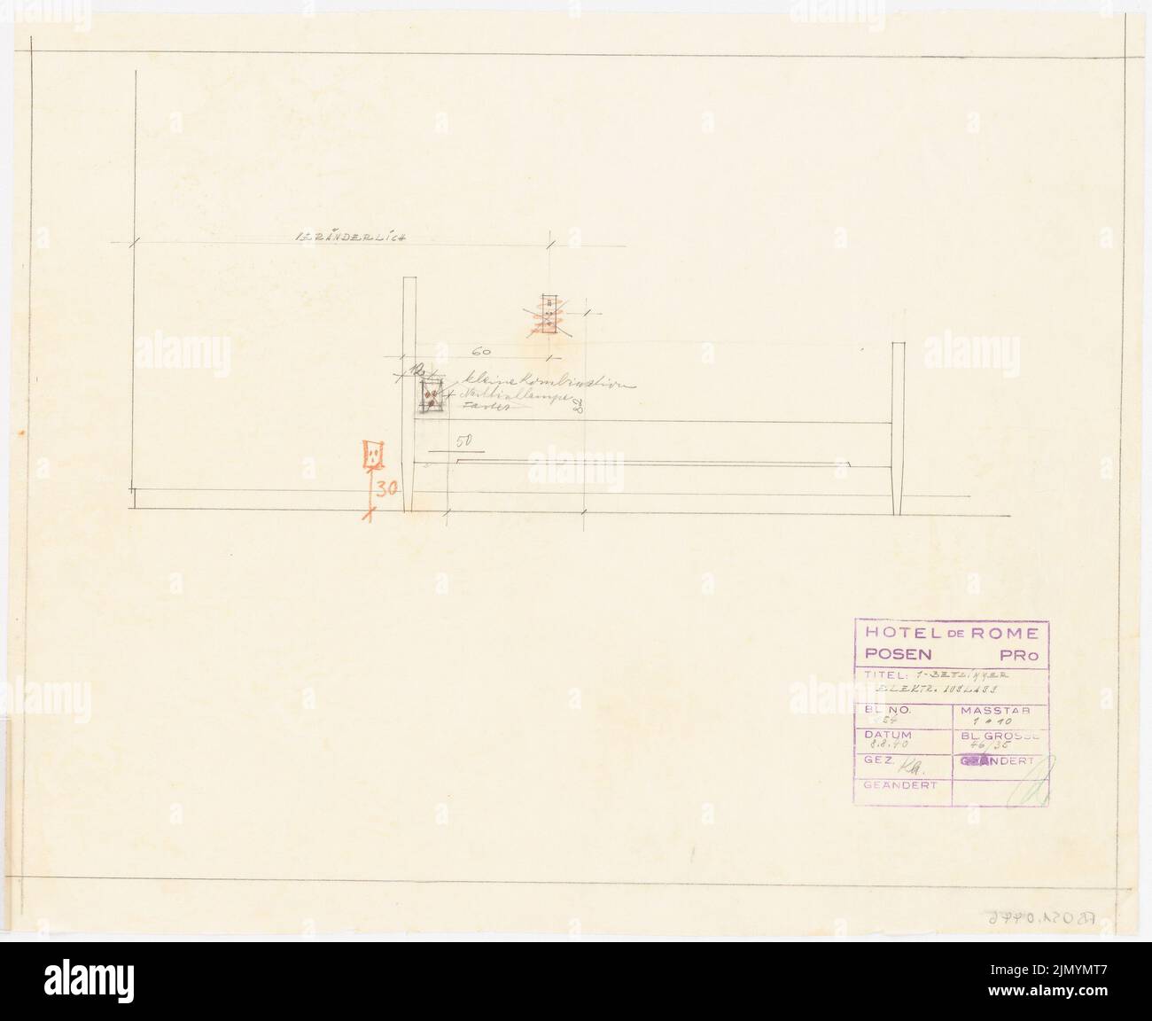 Böhmer Franz (1907-1943), Park Hotel a Poznan (08.08.1940): Presa di corrente in camera singola: Presa di corrente 1:10. Matita colorata su trasparente, 38,3 x 46,8 cm (inclusi i bordi di scansione) Foto Stock