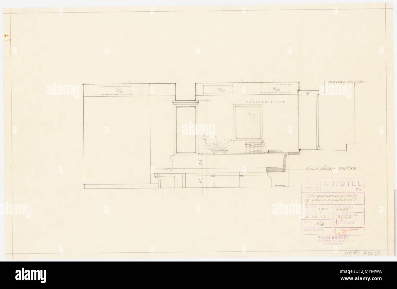 Böhmer Franz (1907-1943), Park Hotel a Posen (03.12.1940): Salone nel seminterrato: Vista sulle mura 1:20. Matita su trasparente, 32,6 x 49,5 cm (inclusi i bordi di scansione) Foto Stock