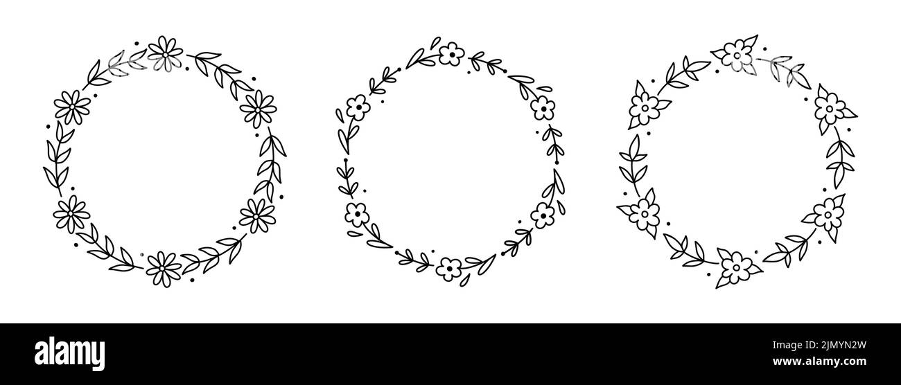 Set di corone floreali isolate su sfondo bianco. Cornici rotonde con fiori e foglie. Illustrazione vettoriale disegnata a mano in stile doodle. Perfetto per Illustrazione Vettoriale Set di corone floreali isolate su sfondo bianco. Cornici rotonde con fiori e foglie. Illustrazione vettoriale disegnata a mano in stile doodle. Perfetto per Illustrazione Vettoriale