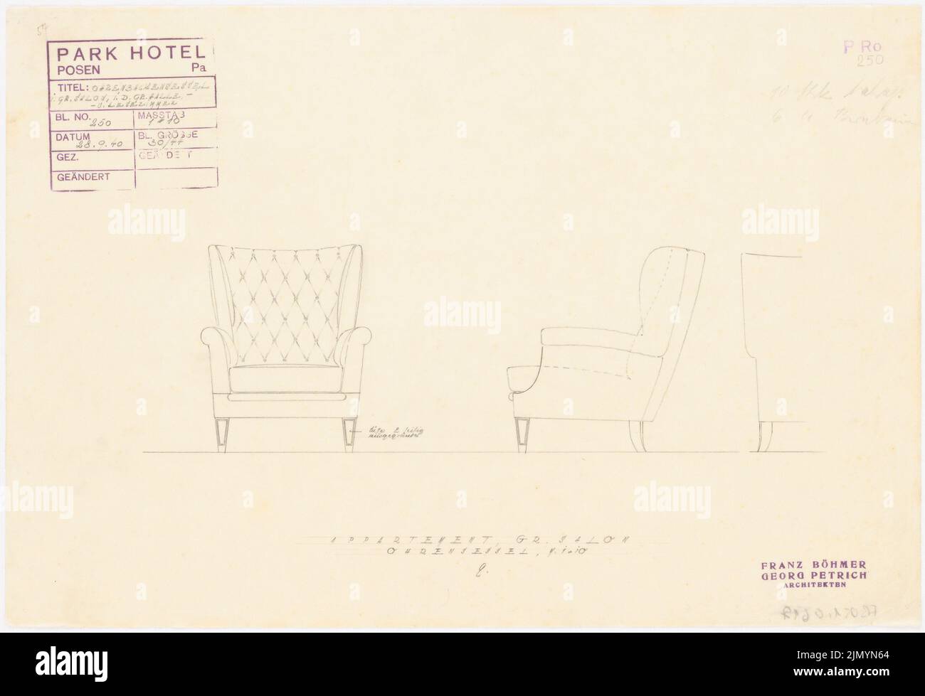 Böhmer Franz (1907-1943), Park Hotel a Poznan (28.09.1940): Poltrona da panificio gr. Salone nella grande Halle e sala lettura. Matita su trasparente, 30,1 x 44 cm (inclusi i bordi di scansione) Foto Stock