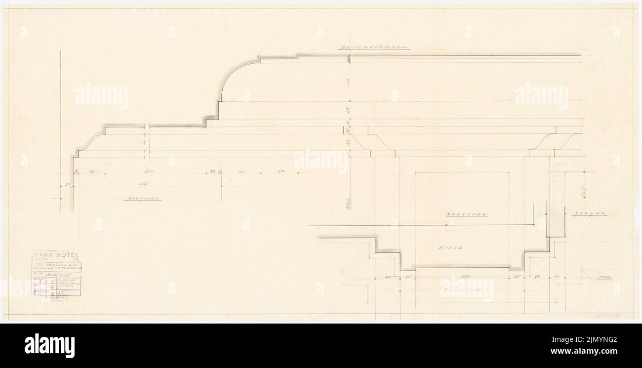 Böhmer Franz (1907-1943), Park Hotel in Posen (03.02.1941): Anticamera alla sala di consulenza, soffitti in stucco: Dettaglio 1: 1. Matita su trasparente, 51,6 x 102,4 cm (inclusi i bordi di scansione) Foto Stock