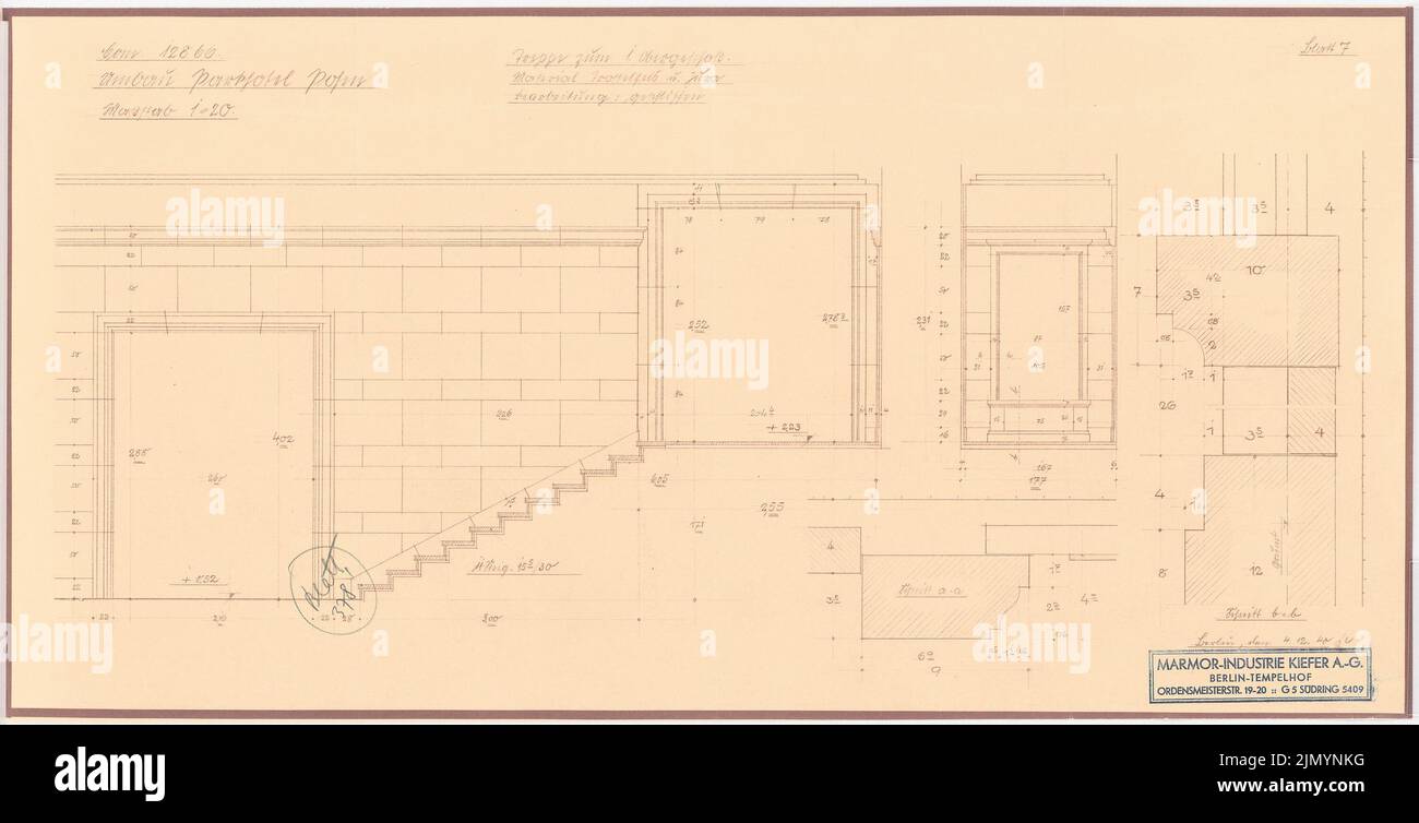 Böhmer Franz (1907-1943), Park Hotel in Pozen (04.12.1940): Rivestimenti a parete sulle scale al 1st piano: Vista, taglio 1:20. Rottura leggera sulla carta, 39 x 76,3 cm (inclusi i bordi di scansione) Foto Stock Böhmer Franz (1907-1943), Park Hotel in Pozen (04.12.1940): Rivestimenti a parete sulle scale al 1st piano: Vista, taglio 1:20. Rottura leggera sulla carta, 39 x 76,3 cm (inclusi i bordi di scansione) Foto Stock