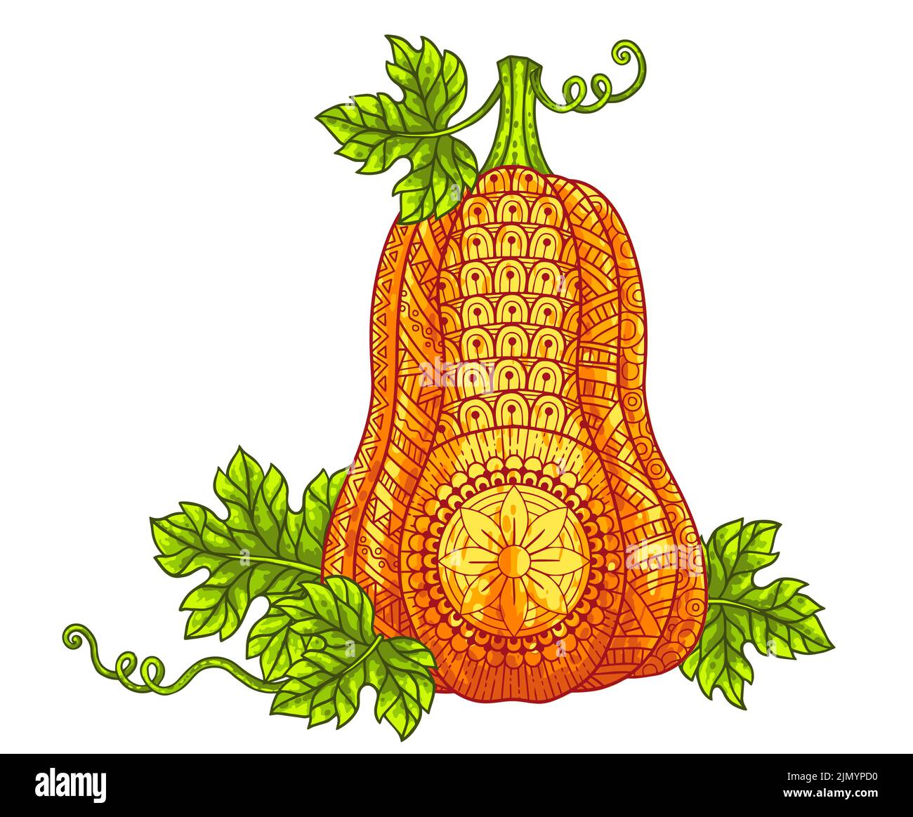 Illustrazione vettoriale. Zucche luminose di Halloween in stile mandala con motivi dettagliati Illustrazione Vettoriale