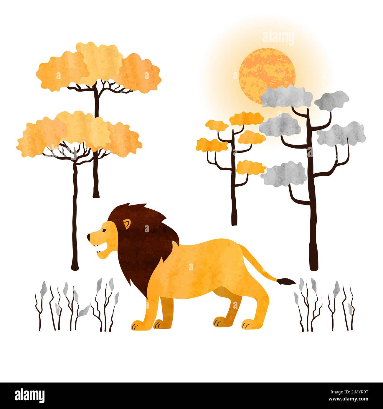 Cartone animato leone e alberi. Vettore animale africano. Illustrazione della savana con acquerello vettoriale. Illustrazione Vettoriale