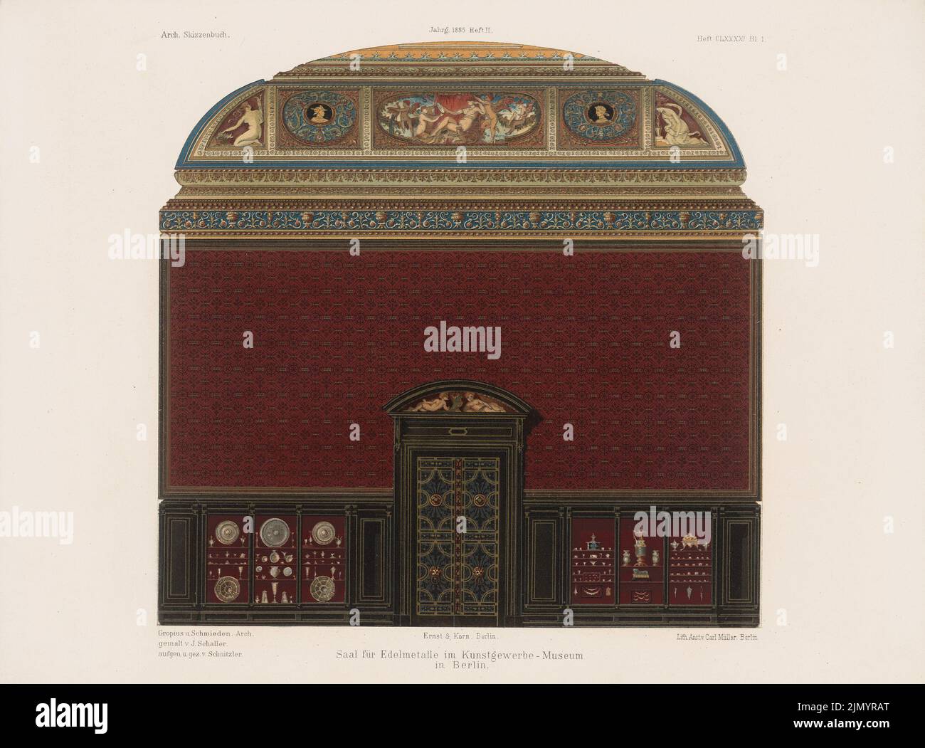 Gropius & Schmieden, sala per i metalli preziosi nel museo dell'arte e dell'artigianato, Berlino. (Da: Architectural sketchbook, H. 191/2, 1885.) (1885-1885): Vista interna. Litografia colorata su carta, 25,3 x 34,3 cm (inclusi i bordi di scansione) Foto Stock