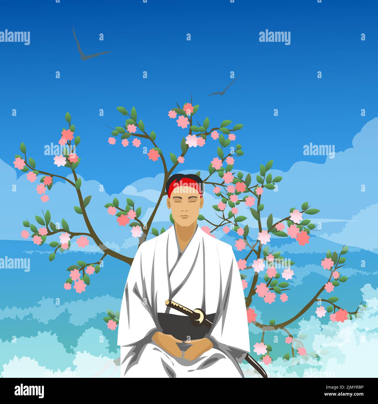 Samurai meditando in un giardino di ciliegia. Illustrazione vettoriale stile cartoon Illustrazione Vettoriale