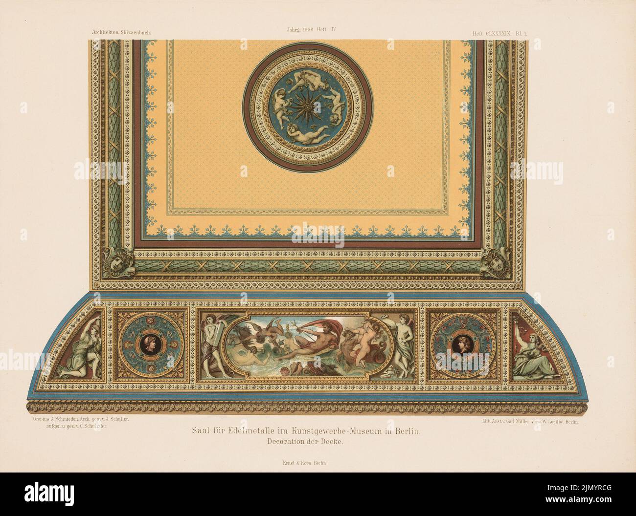 Gropius & Schmieden, sala per i metalli preziosi nel museo dell'arte e dell'artigianato, Berlino. (Da: Architectural sketchbook, H. 199/4, 1886.) (1886-1886): Rilevato contenuto piano N. Litografia colorata su carta, 25,4 x 34,1 cm (inclusi i bordi di scansione) Foto Stock