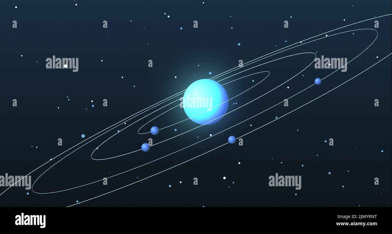 Sistema solare generico. Pianeti orbitanti una stella blu. Sfondo in stile cartoon. 3D illustrazione Foto Stock