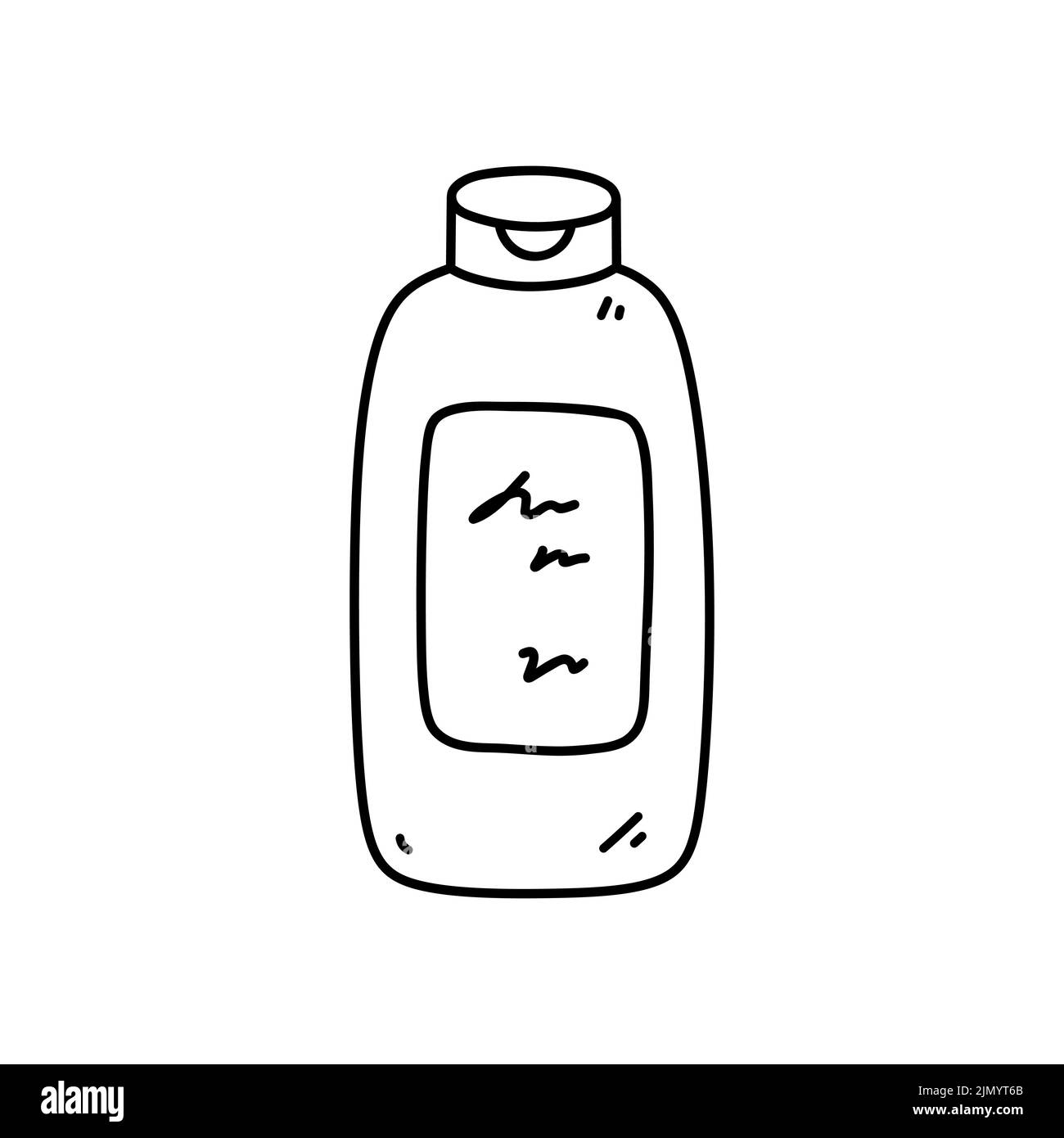 Flacone di shampoo isolato su sfondo bianco. Prodotto per il lavaggio dei capelli e per l'igiene personale. Illustrazione vettoriale disegnata a mano in stile doodle. Illustrazione Vettoriale