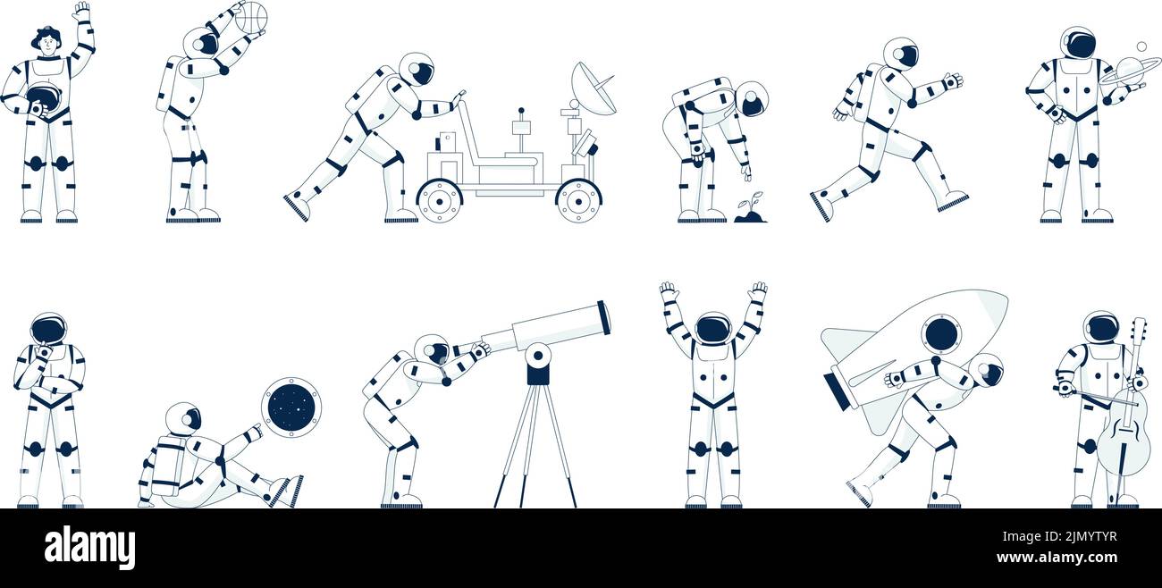 Personaggi astronauti. Eroe lunare, astronauti con satellite e navetta. Cartoon spaceman avventura, movimento cosmonaut e razzo, vettore recente set Illustrazione Vettoriale Personaggi astronauti. Eroe lunare, astronauti con satellite e navetta. Cartoon spaceman avventura, movimento cosmonaut e razzo, vettore recente set Illustrazione Vettoriale