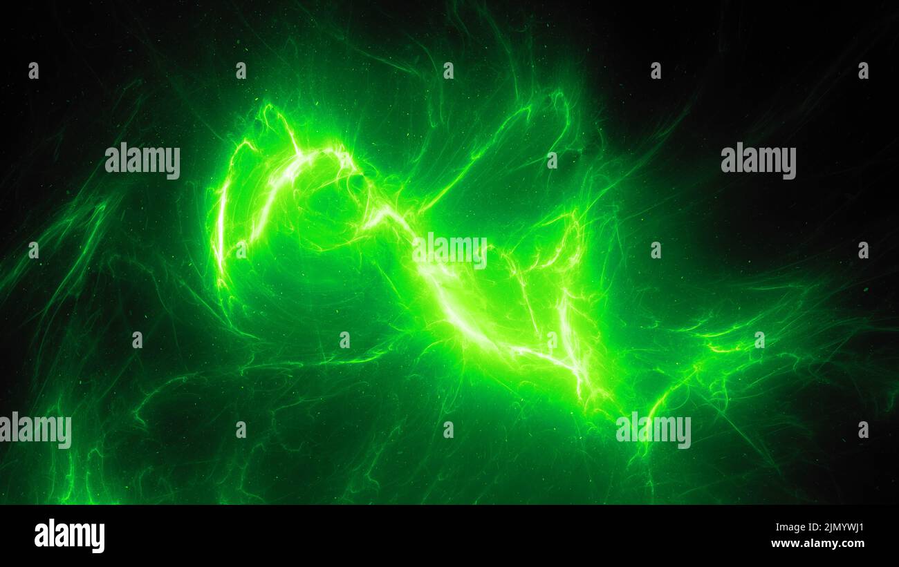 Verde che illumina il campo di energia del plasma ad alta energia nello spazio, sfondo astratto generato dal computer, rendering 3D Foto Stock