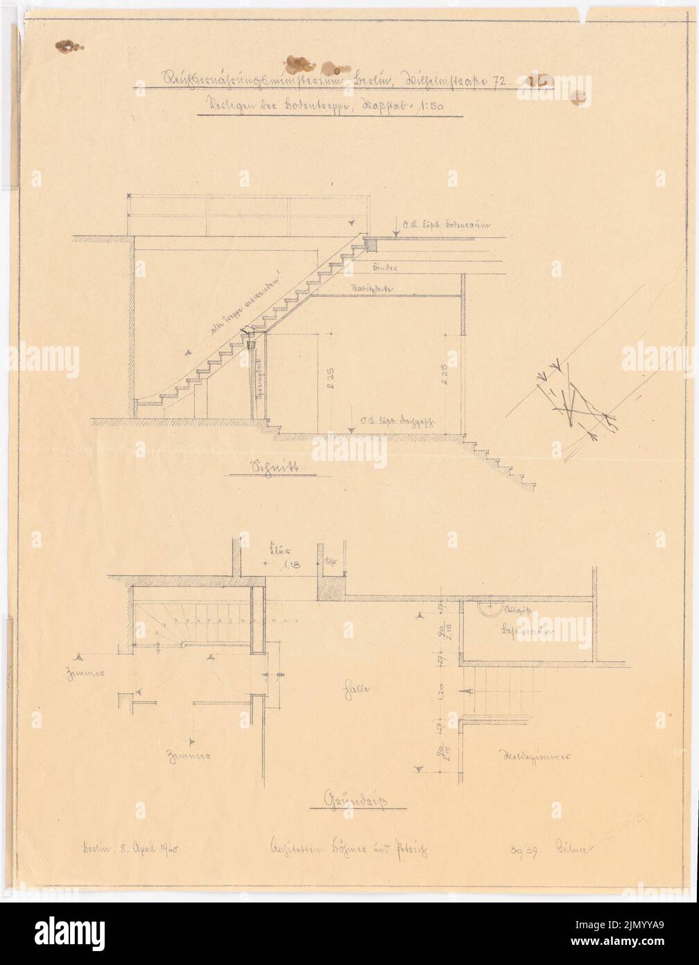 Böhmer Franz (1907-1943), Reich Ministry of Food and Agriculture di Berlino-Mitte (8 aprile 1940): Posa della scala, del taglio e del piano 1:50. Matita su carta, rottura leggera, 40,5 x 31,4 cm (inclusi i bordi di scansione) Foto Stock