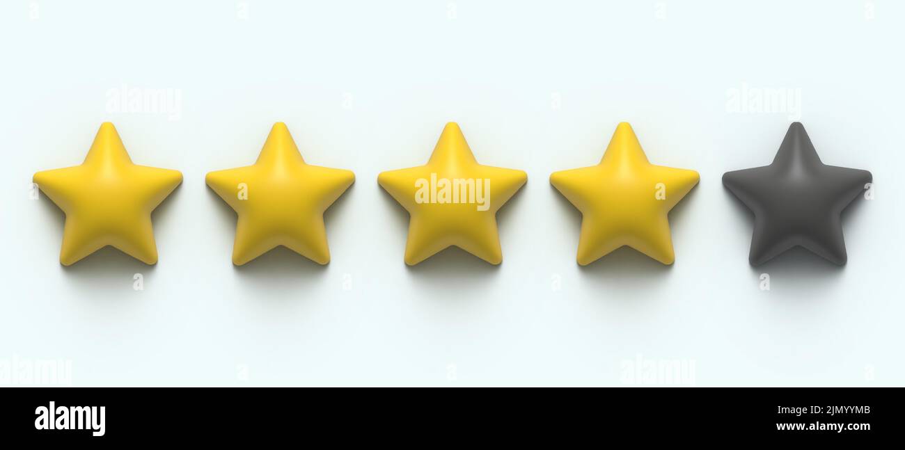 Giallo lucido 3D quattro stelle. 3D rendering dell'immagine. 4 stelle del 5. Forma a stella dorata. Misurazione della qualità del servizio. Sistema di classificazione, simbolo di revisione Illustrazione Vettoriale