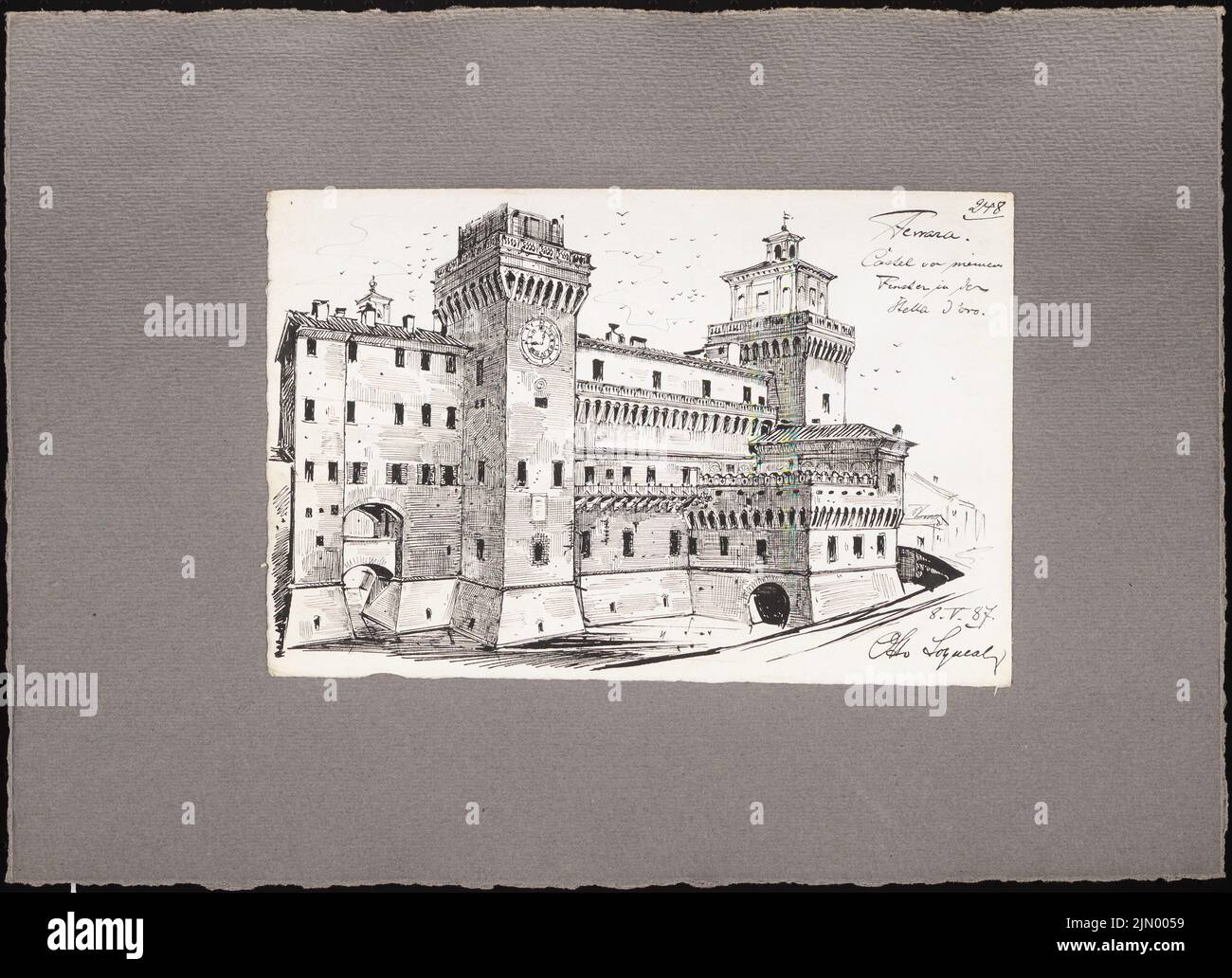 Schmalz otto (1861-1915), bozzetti di viaggio dall'Italia (08.05.1887): Ferrara: Castello Estense (vista prospettica). Inchiostro su carta, 30,7 x 42,4 cm (inclusi i bordi di scansione) Foto Stock