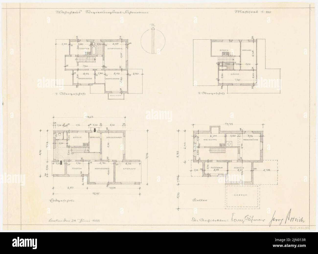 Böhmer Franz (1907-1943), Casa del Consigliere residenziale Fuhrmann a Berlino-Zehlendorf (28 giugno 1935): Pianta piano terra, seminterrato, 1st e 2nd piano 1: 100. Matita su trasparente, 44,6 x 61,1 cm (inclusi i bordi di scansione) Foto Stock