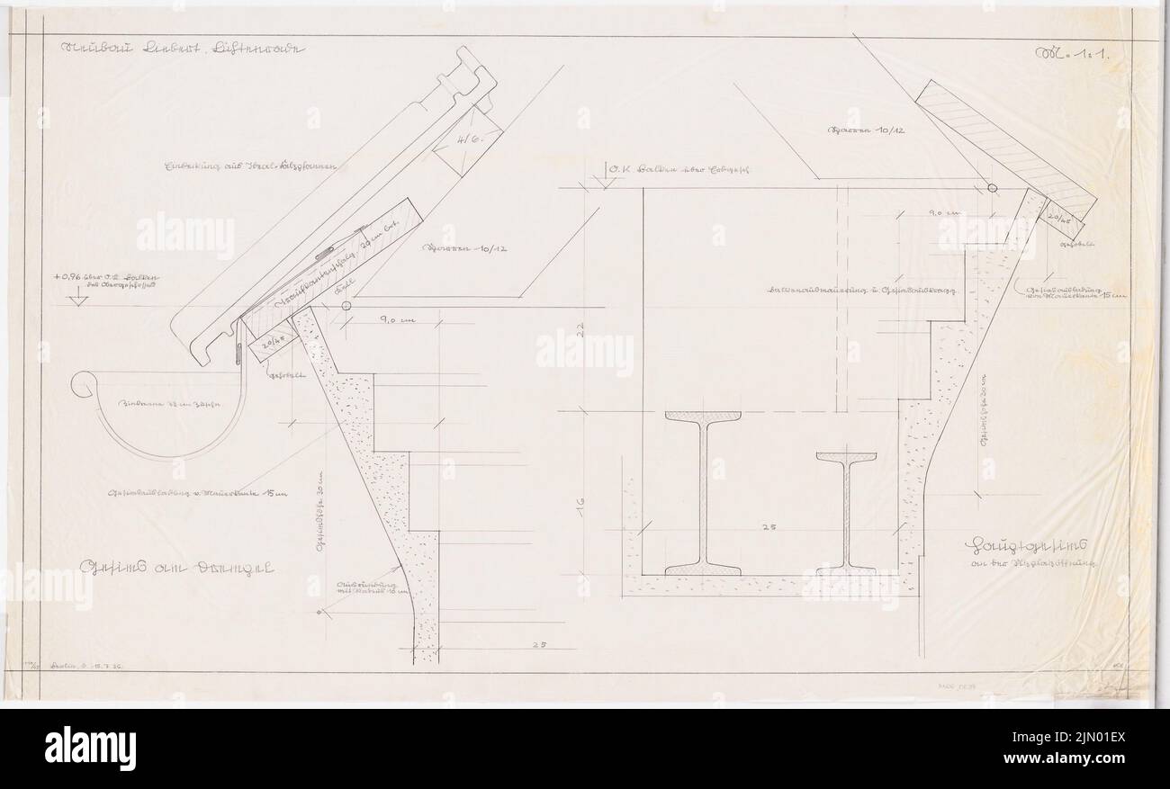 Böhmer Franz (1907-1943), edificio residenziale Liebert a Berlino-Lichtenrade (15 luglio 1936): Cornicione sul tetto: Tagli 1: 1. Matita su trasparente, 68,9 x 113,7 cm (inclusi i bordi di scansione) Foto Stock