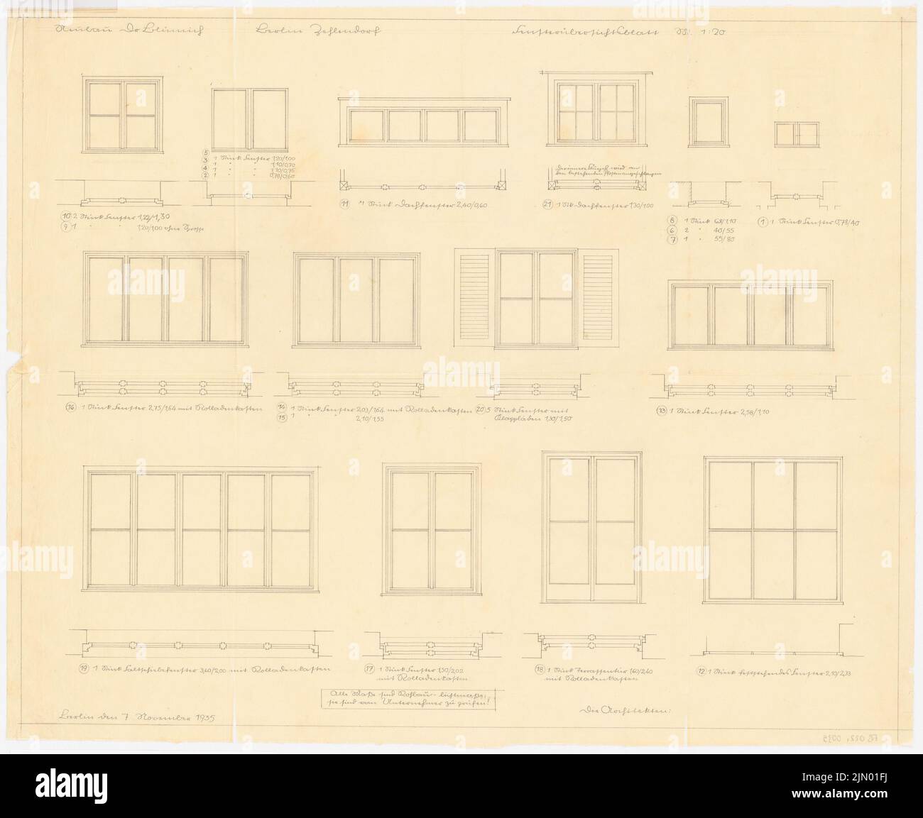 Böhmer Franz (1907-1943), edificio residenziale Ministerialrat Dr. Walter Blümich a Berlino-Zehlendorf (7 novembre 1935): Finestra: Piantine, viste, tagli 1:20. Matita su trasparente, 59,2 x 72,3 cm (inclusi i bordi di scansione) Foto Stock