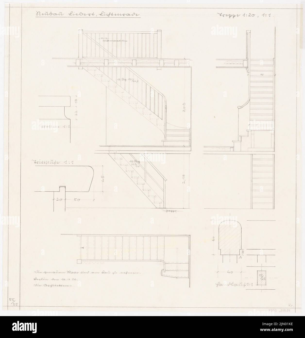 Böhmer Franz (1907-1943), edificio residenziale Liebert a Berlino-Lichtenrade (15 settembre 1936): Scale: Pianta del pavimento, tagli 1:20, corrimano dettagli 1: 1. Matita su trasparente, 55,2 x 53,3 cm (inclusi i bordi di scansione) Foto Stock