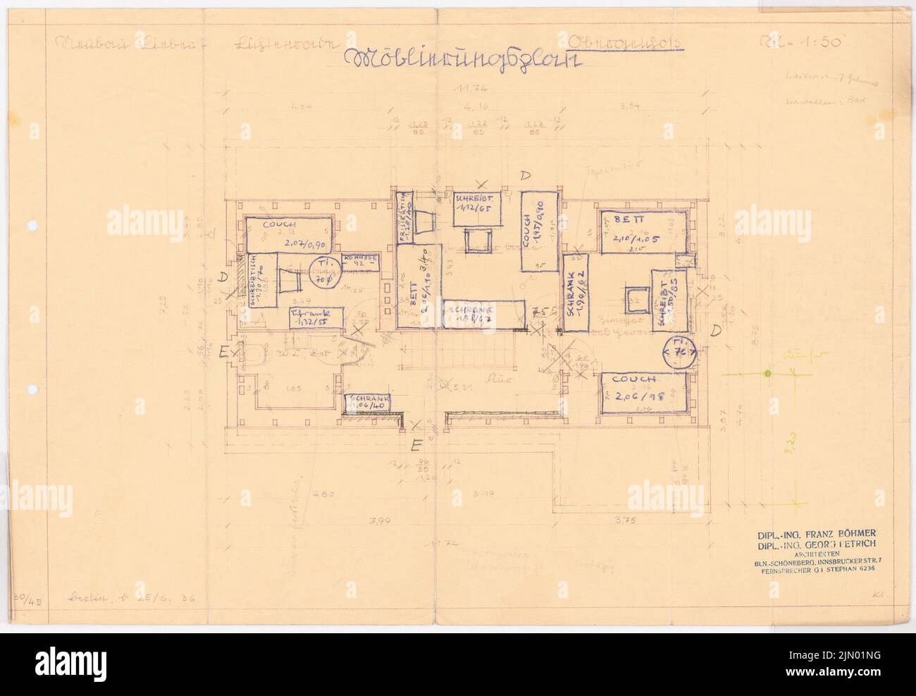 Böhmer Franz (1907-1943), edificio residenziale Liebert a Berlino-Lichtenrade (25 giugno 1936): Piano superiore con piano mobile 1:50. Matita, matita colorata su rottura leggera su carta, 30,7 x 44,4 cm (inclusi i bordi di scansione) Foto Stock