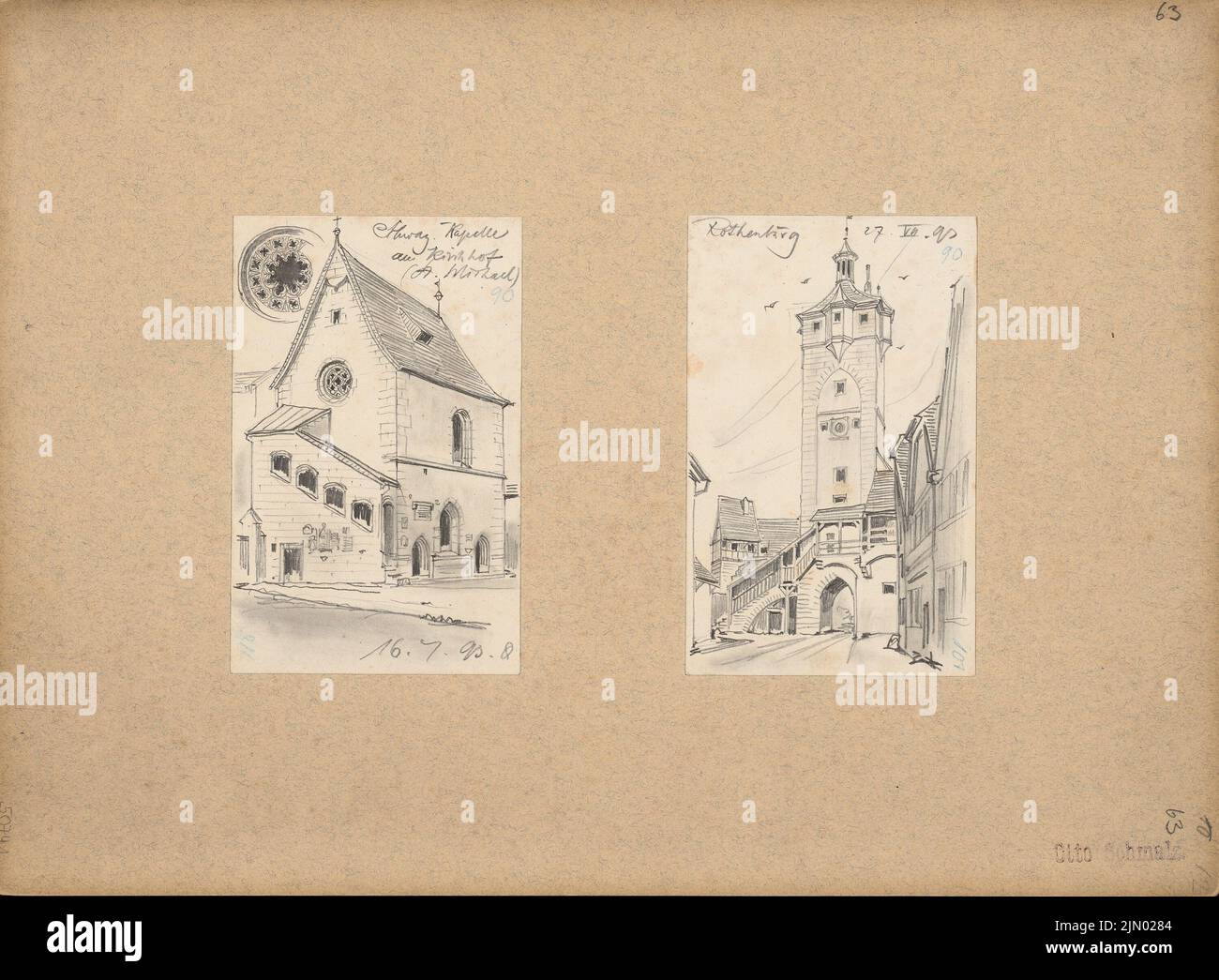 Schmalz otto (1861-1906), schizzi di viaggio dall'Austria, dalla Germania e dall'Italia (16 luglio 1893): Schwaz: St. Michael-Kapelle (vista prospettica, dettaglio), Rothenburg/Tauber: Chiesa (vista prospettica). Matita su carta, 21,8 x 29,7 cm (compresi i bordi di scansione) Schmalz otto (1861-1906): Reiseskizzen aus Österreich, Deutschland und Italien Foto Stock