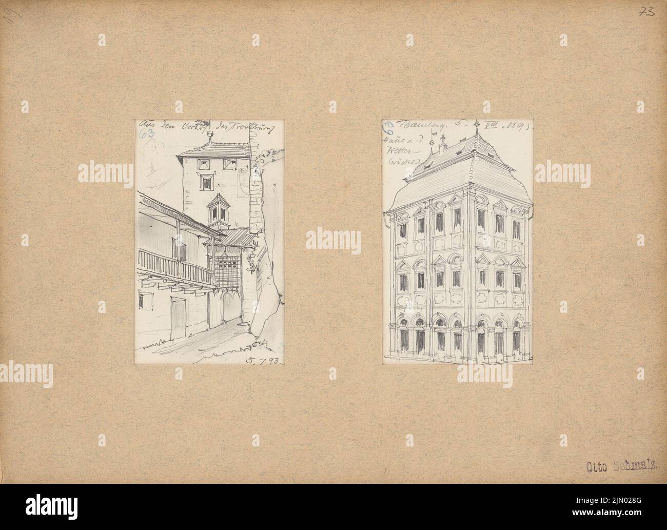 Schmalz otto (1861-1906), bozzetti di viaggio dall'Austria, dalla Germania e dall'Italia (05.07.1893): Waidbruck: Trostburg (vista prospettica dal tribunale, Bamberga; Haus an der Ritterbrücke (vista prospettica). Matita su carta, 21,6 x 29,7 cm (compresi i bordi di scansione) Schmalz otto (1861-1906): Reiseskizzen aus Österreich, Deutschland und Italien Foto Stock