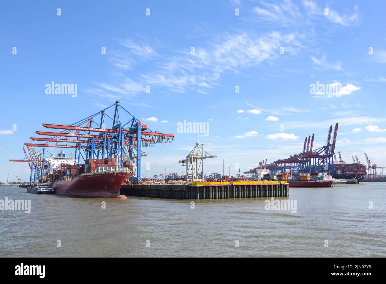 Amburgo, Germania, 3 agosto 2022: Terminal portuali industriali per il carico con gru e navi portacontainer sul fiume Elba ad Amburgo. Trasporti e logistica Foto Stock