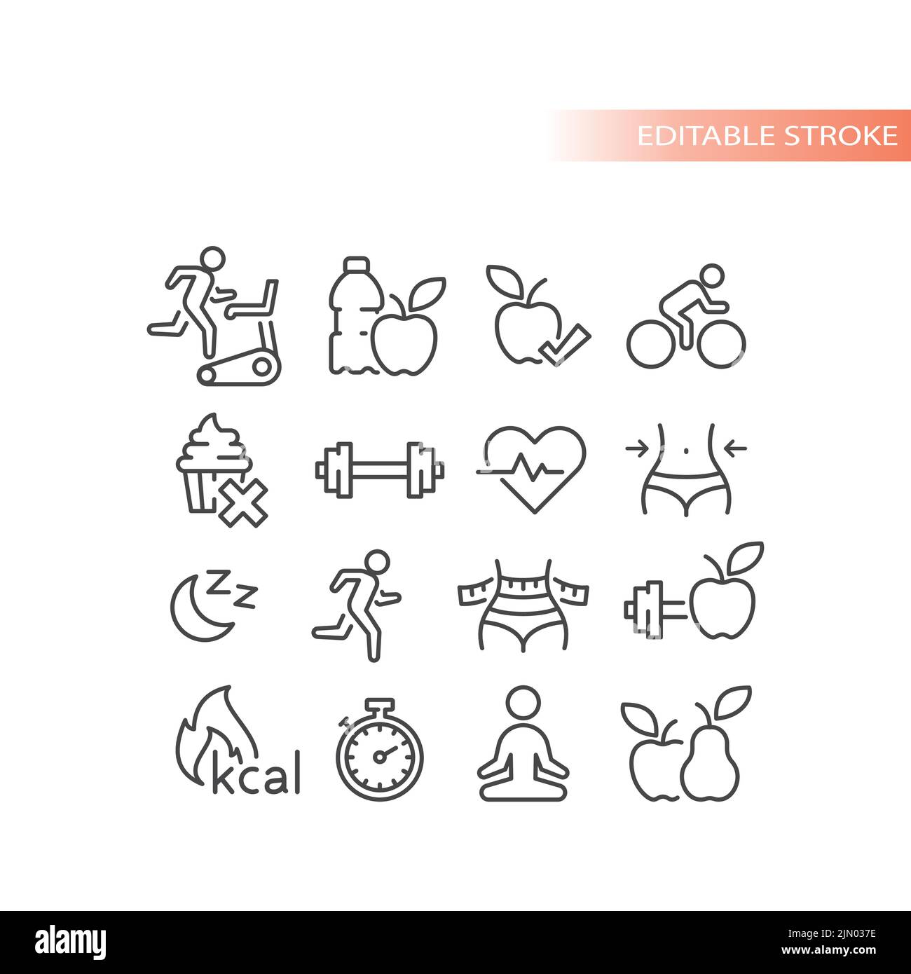 Set di icone vettoriali per allenamento e allenamento. Fitness, perdita di peso e cibo sano e stile di vita delineato icone. Illustrazione Vettoriale