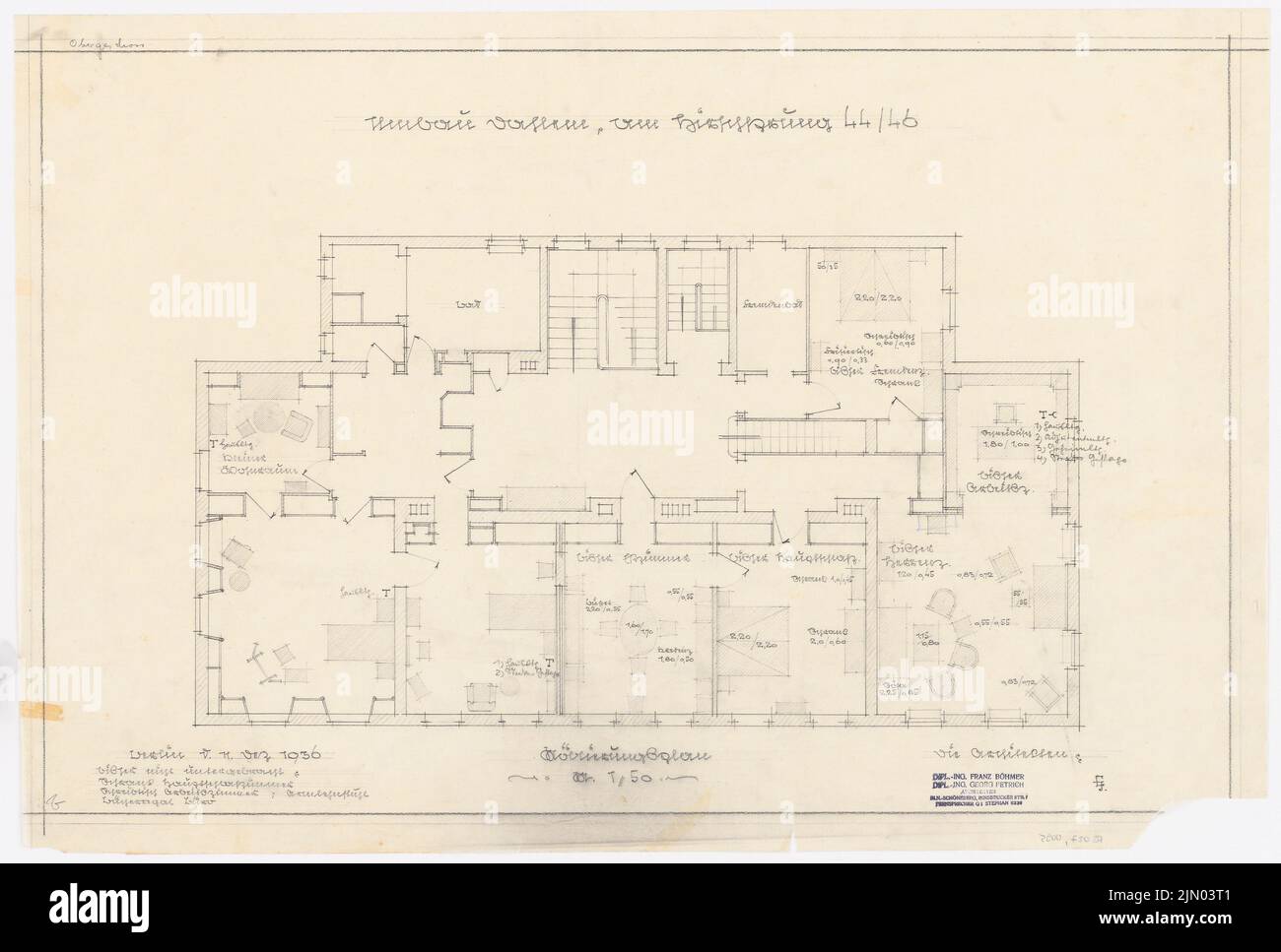 Böhmer Franz (1907-1943), Haus Darré a Berlino-Dahlem [preso in mostra, attualmente EC 14] (11.12.1936): Pianta con un piano d'arredo 1:50. Matita su trasparente, 54,7 x 81,1 cm (compresi i bordi di scansione) Böhmer & Petrich : Haus Darré, Berlin-Dahlem. Umbau Foto Stock