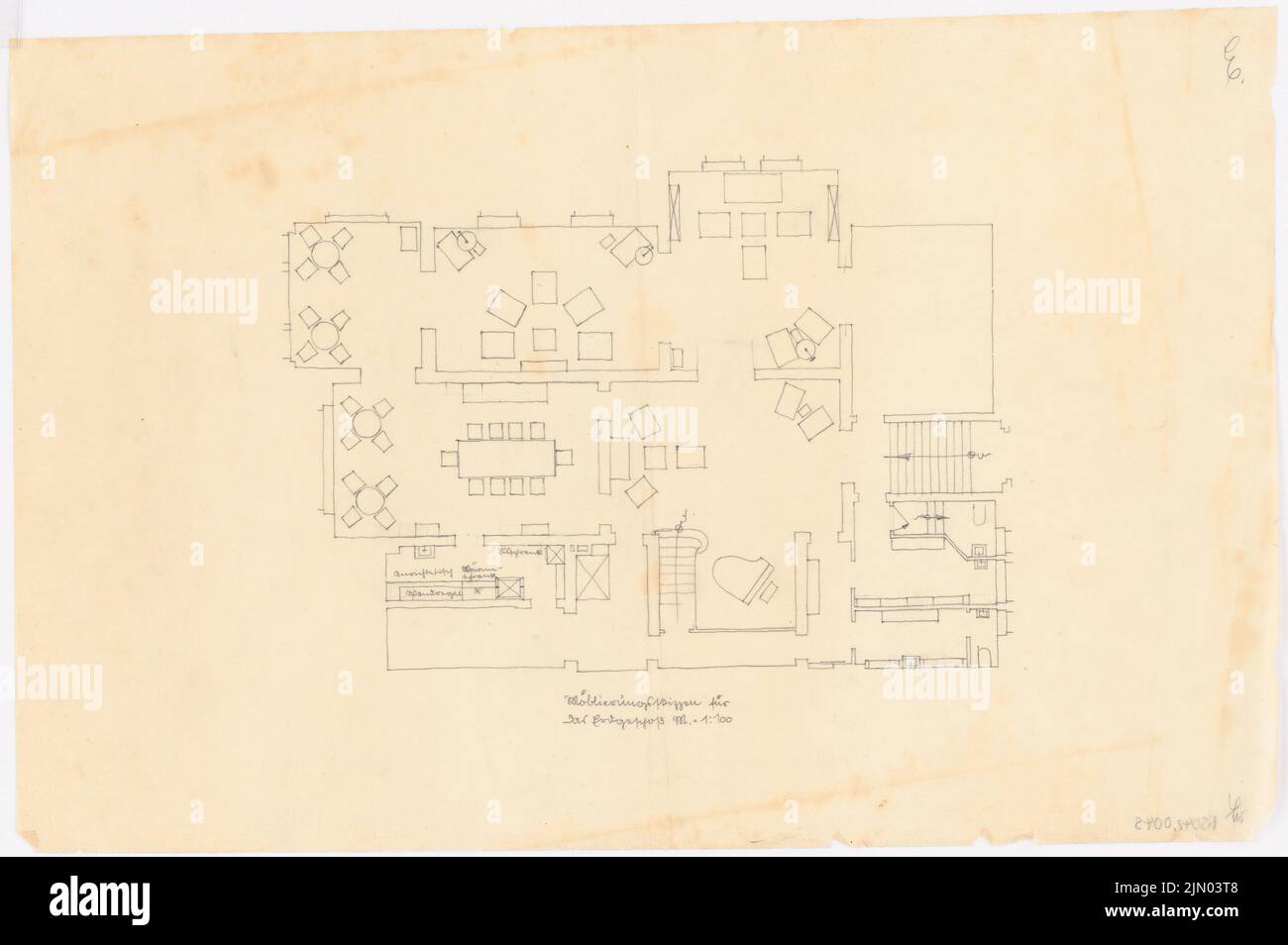 Böhmer Franz (1907-1943), conversione Haus Klausner alla Società Tedesco-Inglese di Berlino-Charlottenburg [allestita per la mostra, attualmente EC 14] (1939-1939): Piano terra con piano d'arredo 1: 100. Matita su trasparente, 30,5 x 45,8 cm (compresi i bordi di scansione) Böhmer & Petrich : Umbau Villa Klausner zur Deutsch-Englischen-Gesellschaft, Berlino-Charlottenburg Foto Stock