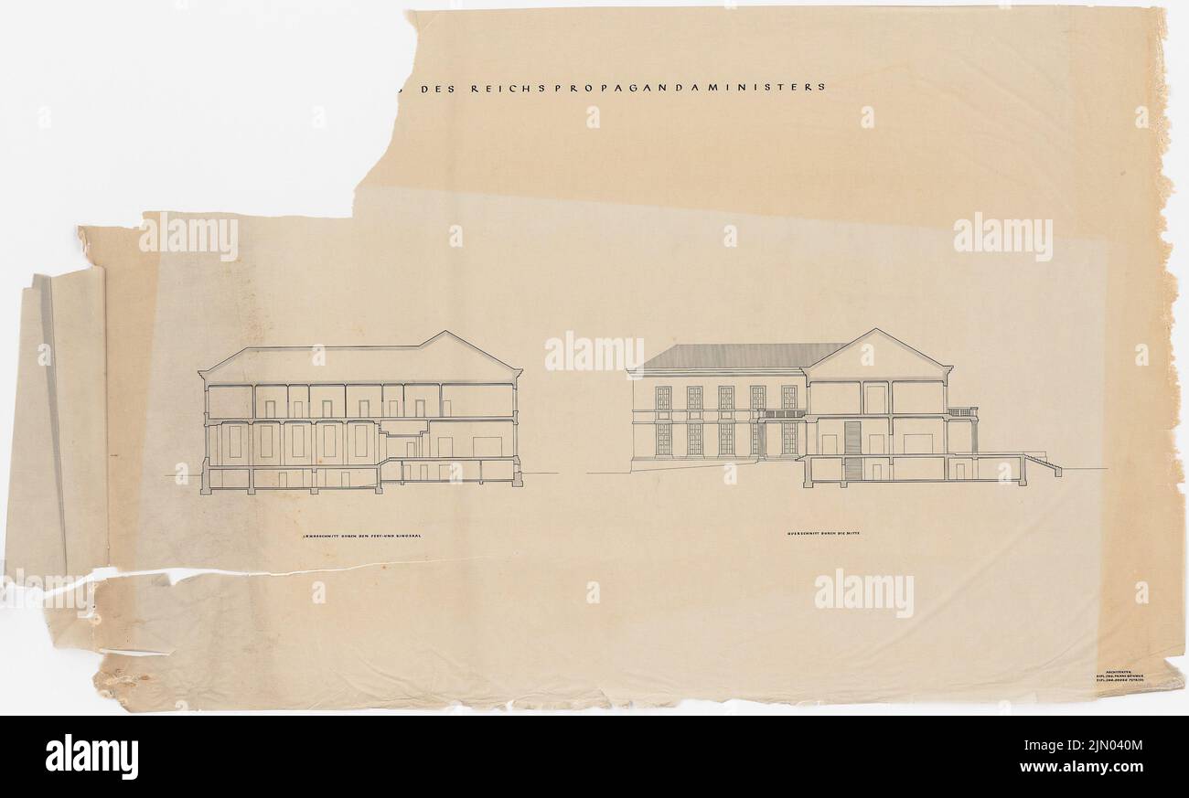 Böhmer Franz (1907-1943), Casa del Reich Propaganda Ministro Joseph Göbbels a Berlino-Mitte (senza dat.): Sezione longitudinale attraverso il festival e sala cinema, sezione trasversale attraverso la metà 1: 100. Inchiostro, matita su trasparente, 96,3 x 159,9 cm (compresi i bordi di scansione) Böhmer & Petrich : Haus des Reichspropagandaministers Joseph Göbbels, Berlin-Mitte Foto Stock