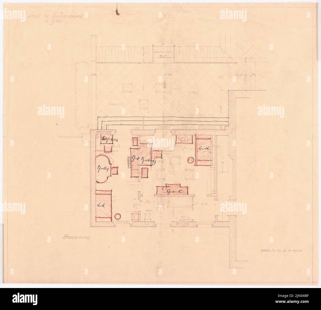 Böhmer Franz (1907-1943), Castello di Sonnenburg a Sonnenburg vicino a Bad Freienwalde (05.04.1940): Piano terra con piano mobile 1:50. Inchiostro, matita, matita colorata su carta, 42,6 x 47,4 cm (compresi i bordi di scansione) Böhmer & Petrich : Schloss Sonnenburg, Bad Freienwalde Foto Stock