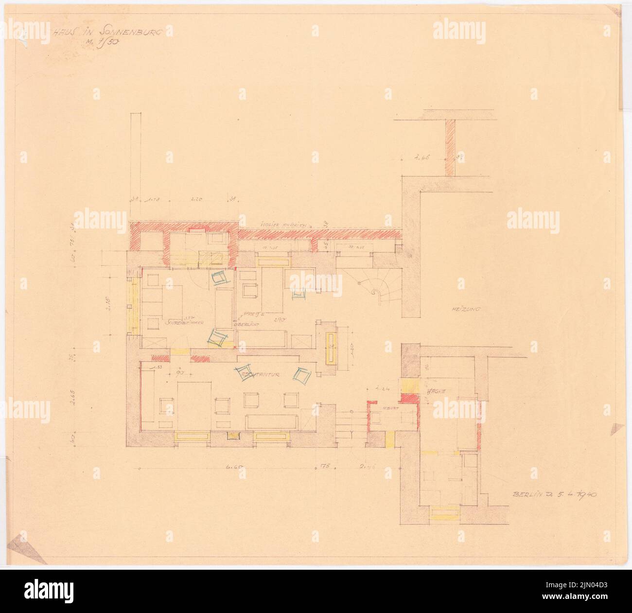 Böhmer Franz (1907-1943), Castello di Sonnenburg a Sonnenburg vicino a Bad Freienwalde (05.04.1940): Pianta con piano d'arredo 1:50. Matita, matita colorata sopra una rottura su carta, 42,6 x 47,2 cm (compresi i bordi di scansione) Böhmer & Petrich : Schloss Sonnenburg, Bad Freienwalde Foto Stock