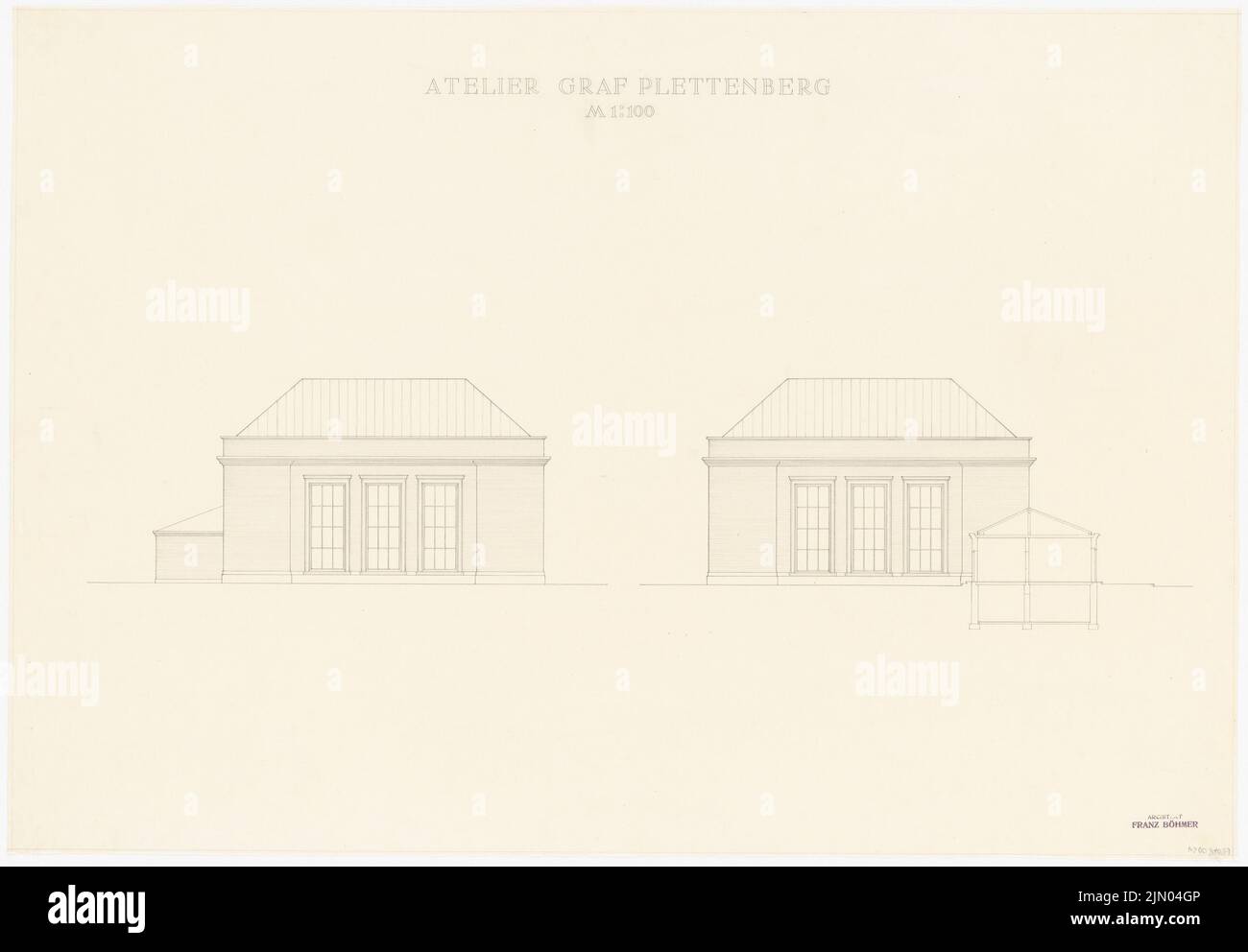 Böhmer Franz (1907-1943), Atelier Graf Plettenberg a Berlino-Dahlem (1940-1940): 2 viste laterali 1: 100. Matita su trasparente, 65,3 x 94 cm (compresi i bordi di scansione) Böhmer Franz (1907-1943): Atelier Graf Plettenberg, Berlino-Dahlem Foto Stock